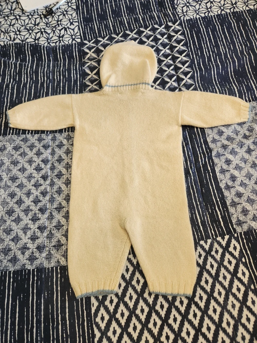 100% American Cashmere Cream & Blue Baby Hooded Bodysuit W/Puppy